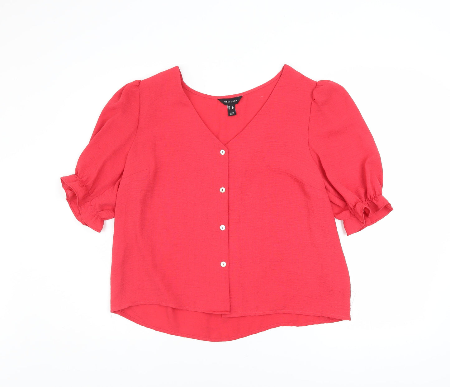 New Look Women's Red Short Sleeve V-Neck Button Blouse Size 14