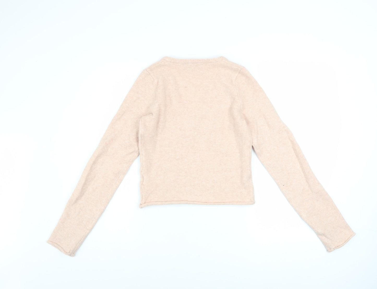 Bershka Womens Beige V-Neck Slim Fit Long Sleeve Pullover Jumper Size S