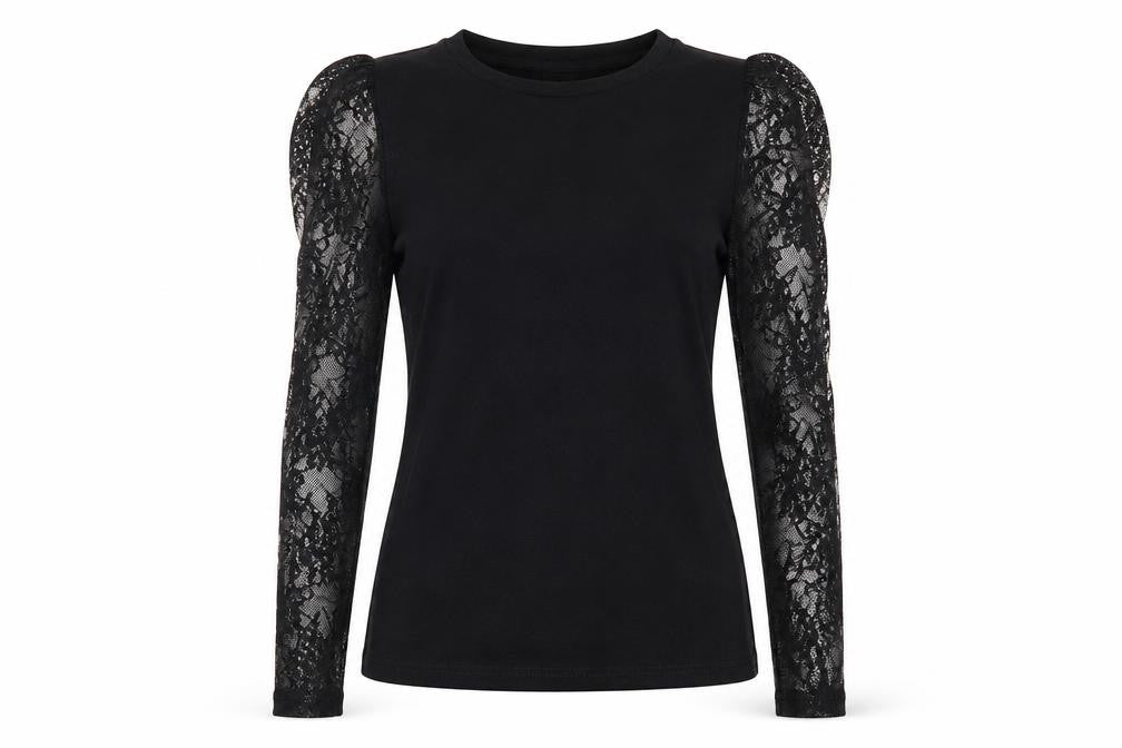 River Island Petite Black Lace Puff Sleeve Cotton Blouse UK 6