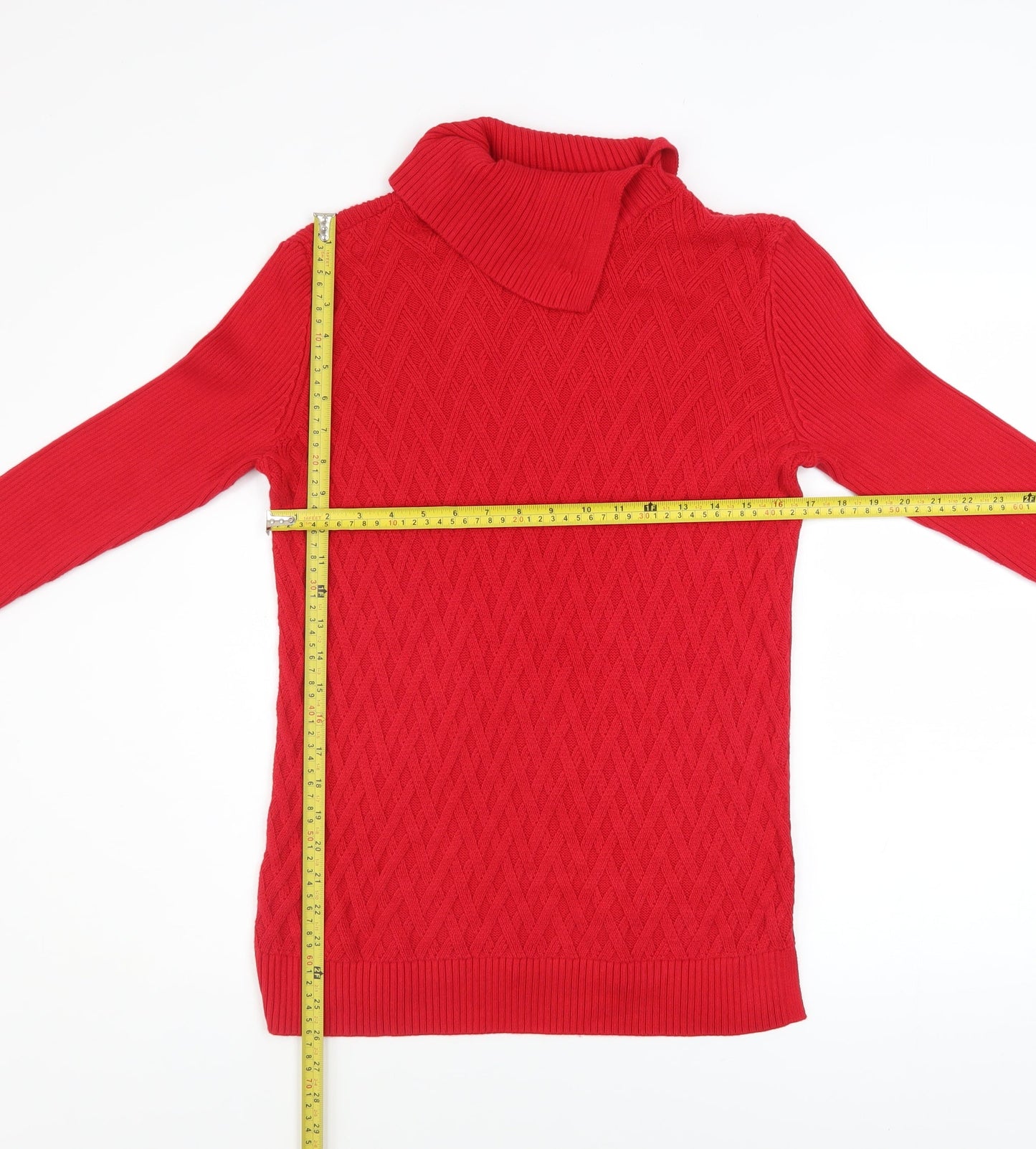 Lands' End Women’s Red Roll Neck Cable Knit Cotton Jumper Size S