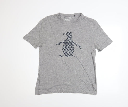 Original Penguin Men Grey Graphic Penguin Print Crew Neck T-Shirt M