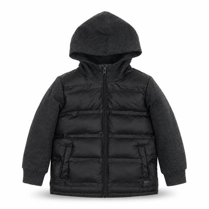 Front view of Target boys’ black hooded puffer jacket 5 years full zip warm winter coat