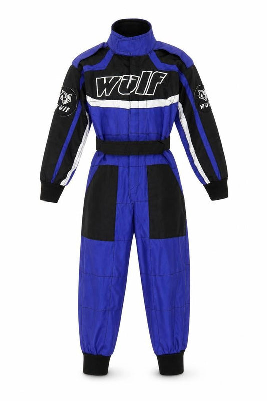 Front view of Wulf boys’ blue black racing track pants 4 years insulated waterproof