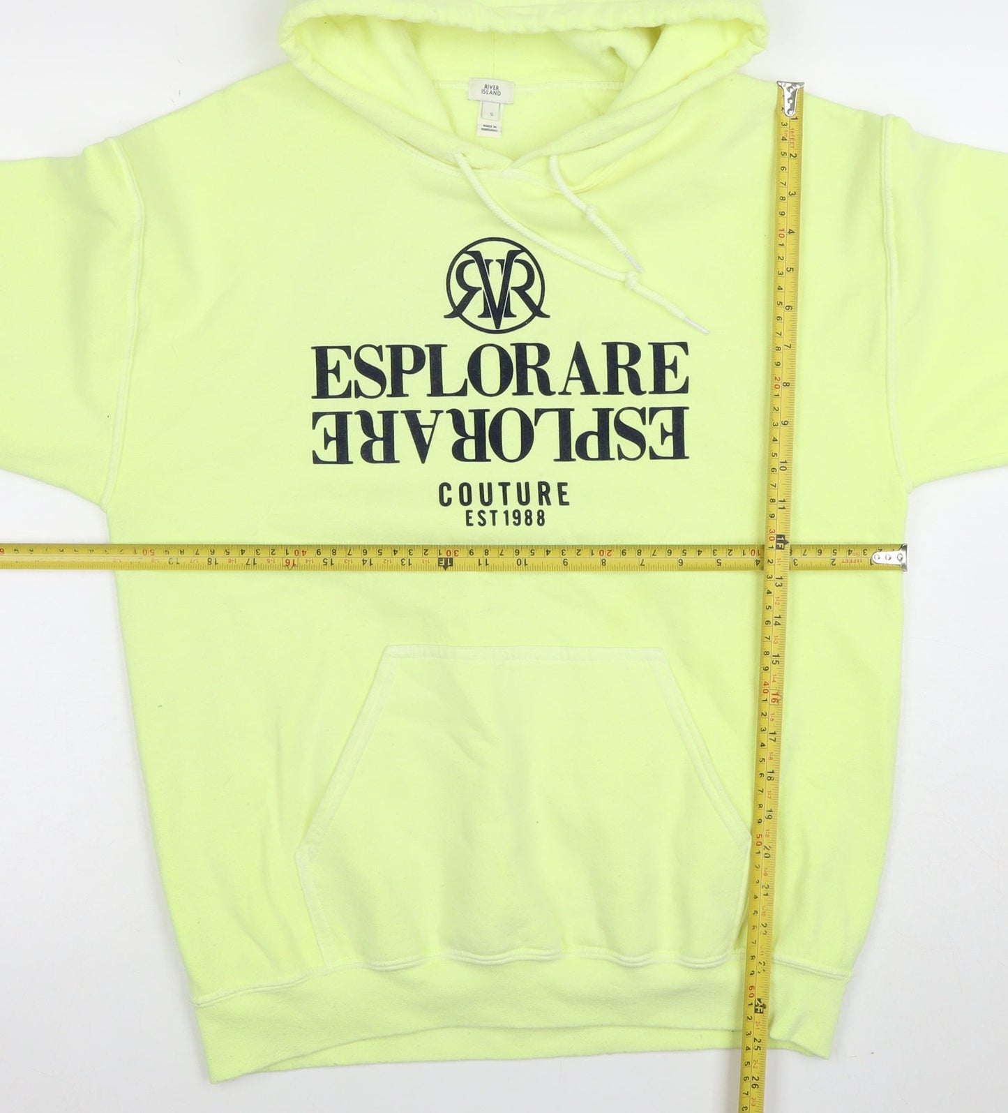 River Island Mens Yellow Pullover Hoodie S Graphic Print Fleece