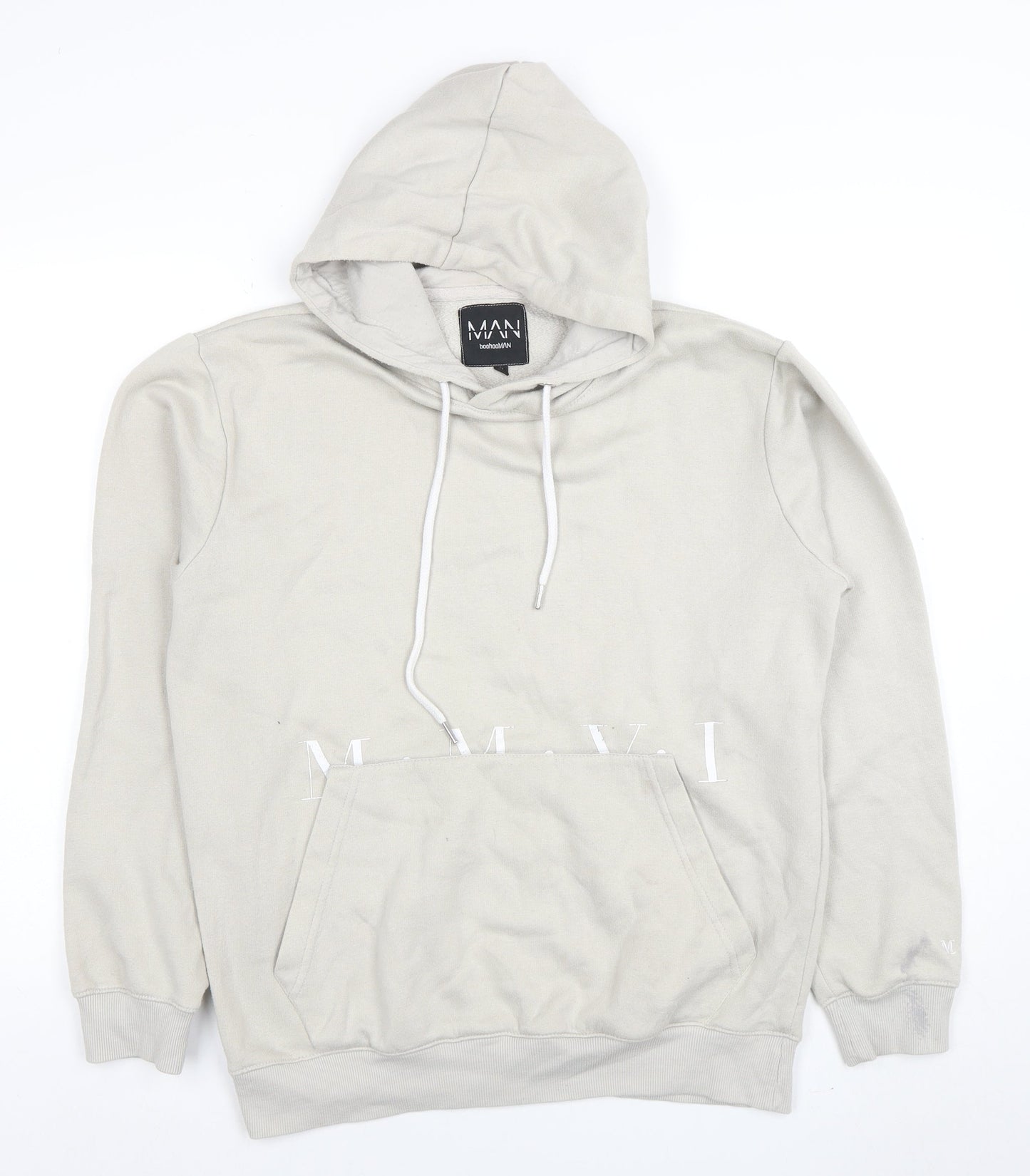 boohooMAN Men's Beige Pullover Hoodie Size S Logo Graphic Fleece