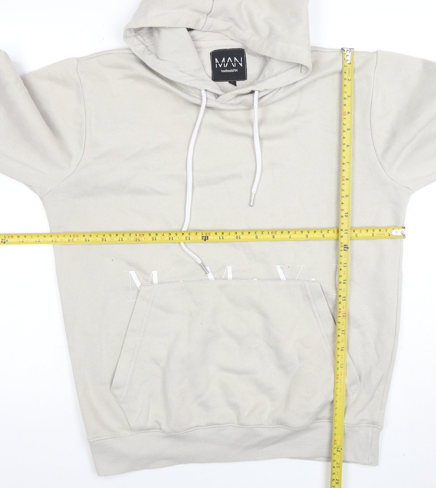 boohooMAN Men's Beige Pullover Hoodie Size S Logo Graphic Fleece