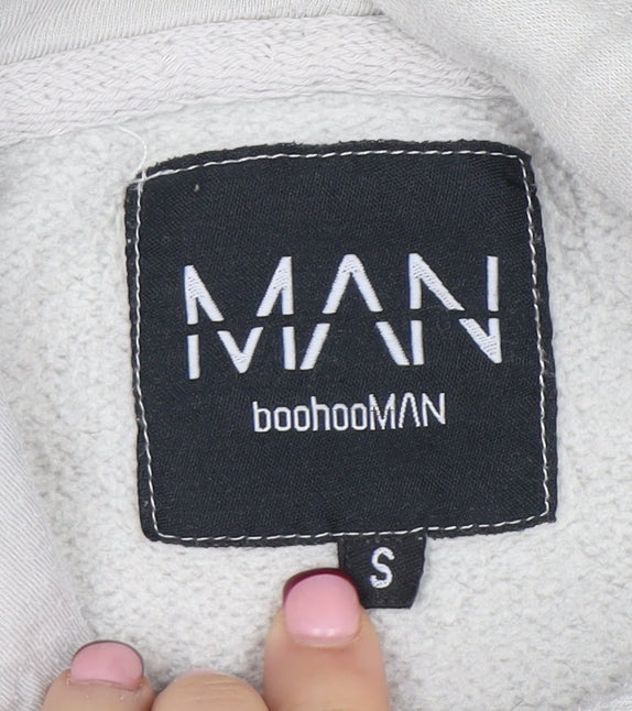 boohooMAN Men's Beige Pullover Hoodie Size S Logo Graphic Fleece