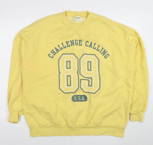 Pull&Bear Women Yellow Graphic 89 Crew Neck Pullover Sweatshirt M