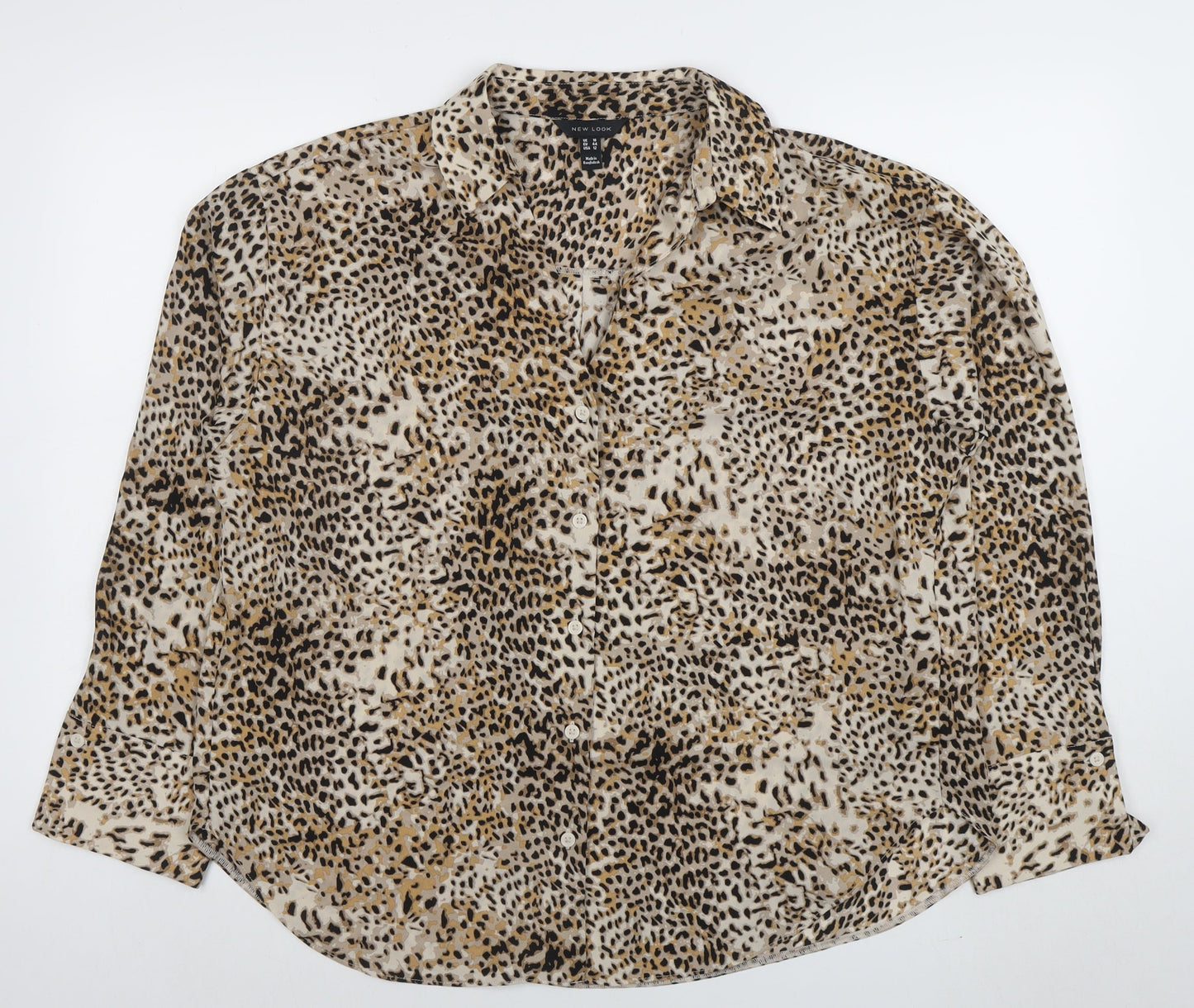 New Look Women’s Beige Animal Print Long Sleeve Button-Up Shirt Size 16
