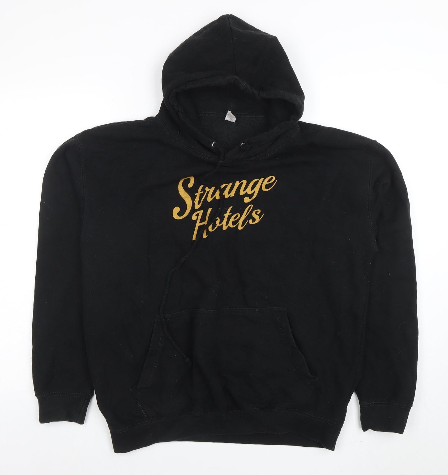 Just Hoods Mens Black Pullover Hoodie L Graphic Strange Hotels