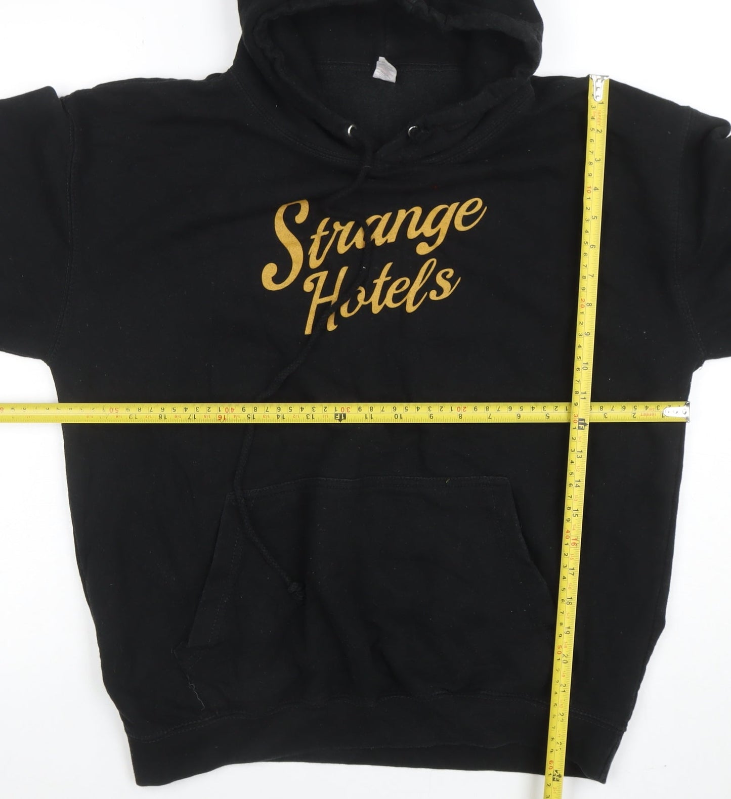 Just Hoods Mens Black Pullover Hoodie L Graphic Strange Hotels