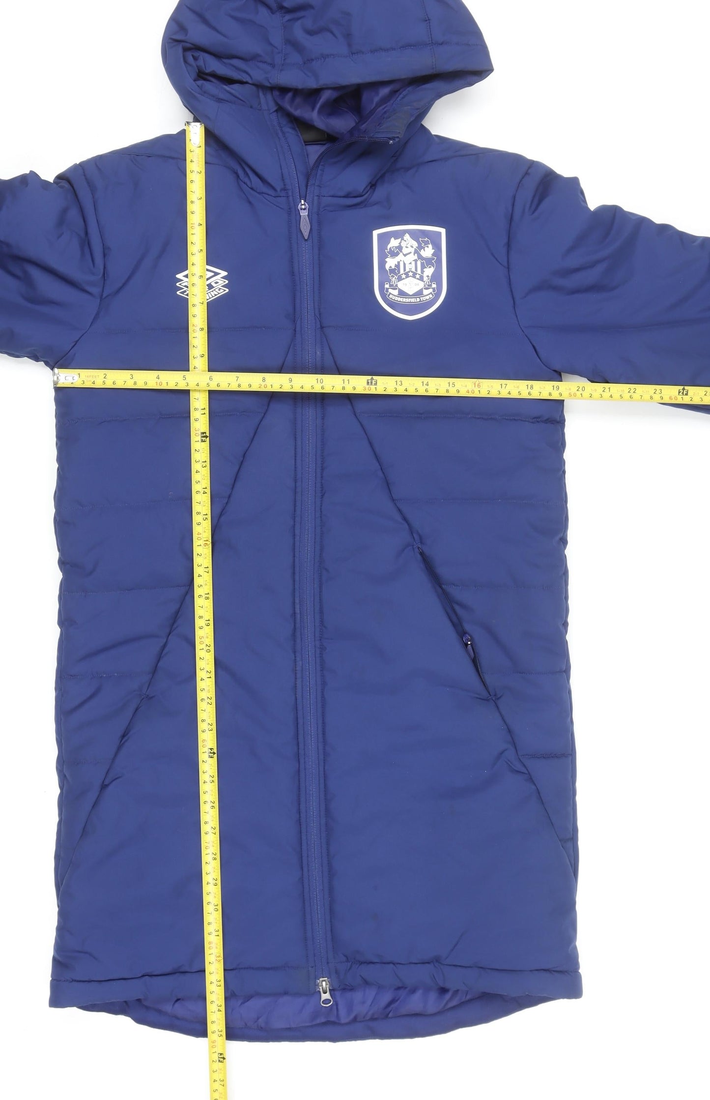 Umbro Men's Blue Long Hooded Puffer Jacket Size S Football Style
