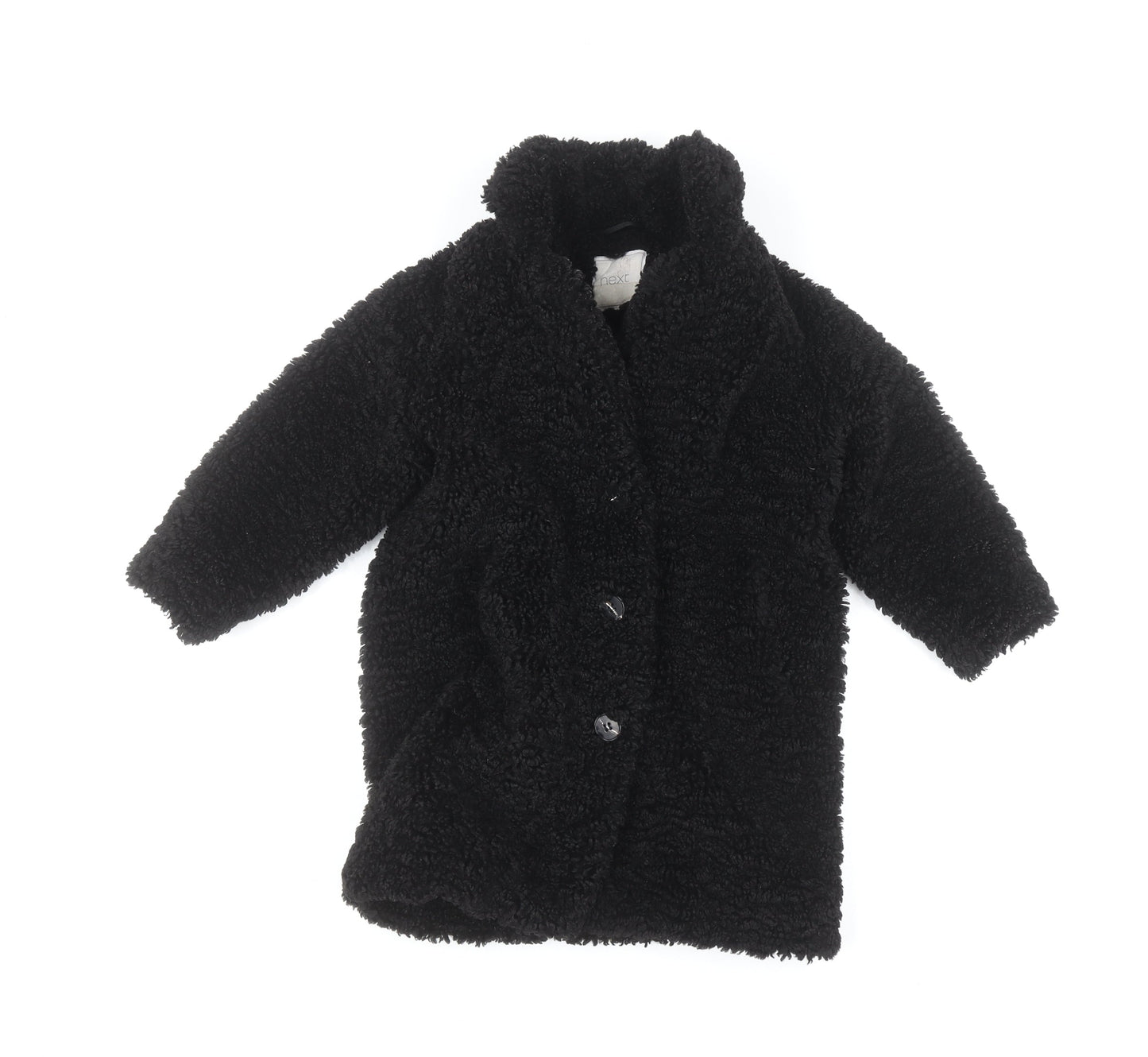 Next Girls Black Faux Fur Fleece Coat Size 3 Years Button Up Winter Jacket