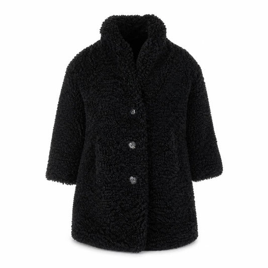 Front view of Next girls’ black faux fur fleece coat, size 3, years button up winter jacket