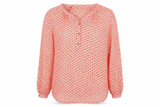 Front view of Dunnes Women Red Geometric Long Sleeve Blouse, size L, Polyester