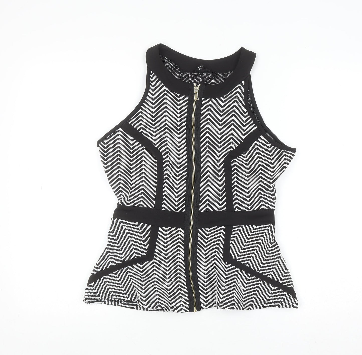 River Island Women’s Black & White Geometric Zip Front Sleeveless High Neck Cropped Top Size 10