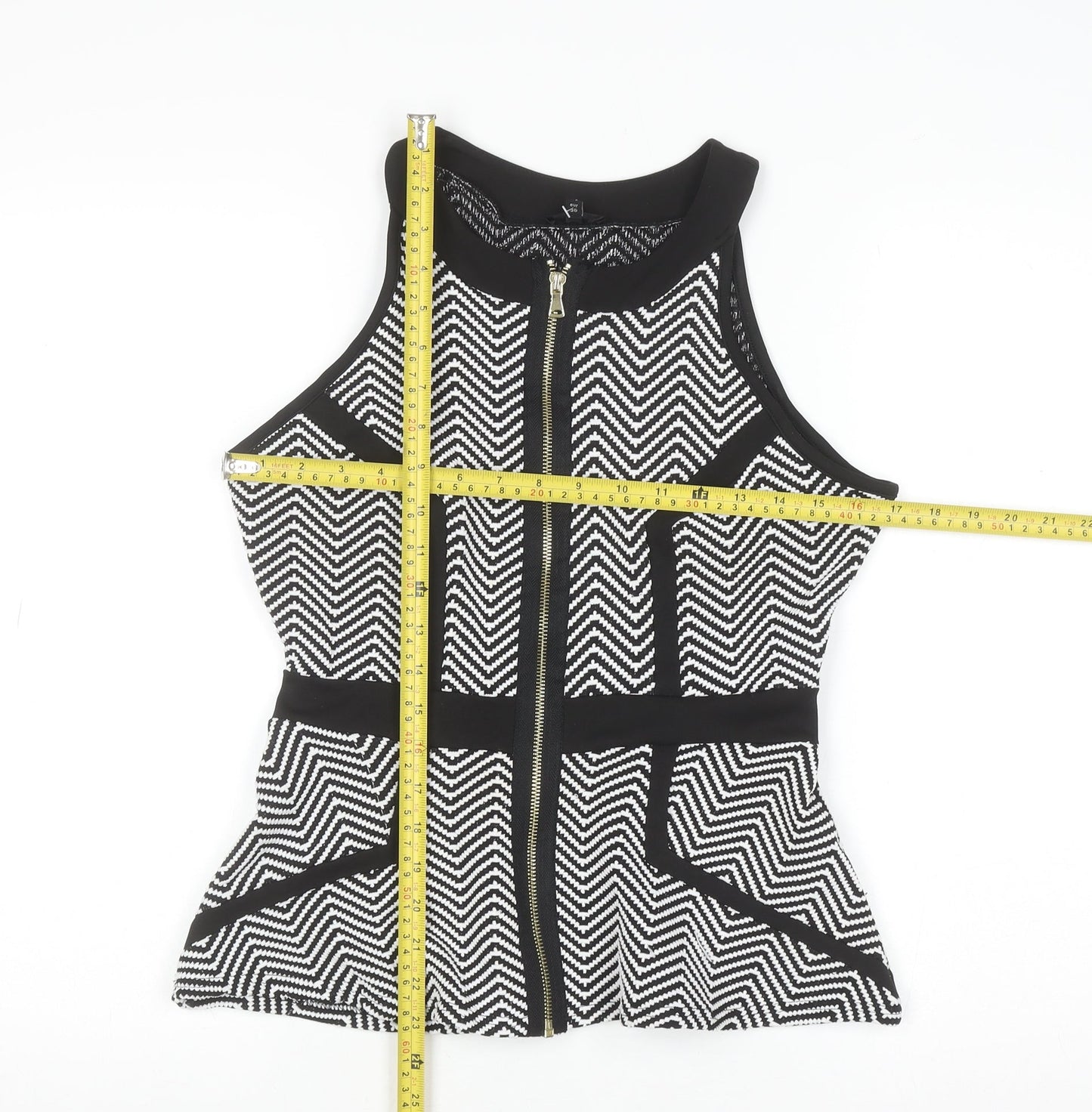 River Island Women’s Black & White Geometric Zip Front Sleeveless High Neck Cropped Top Size 10