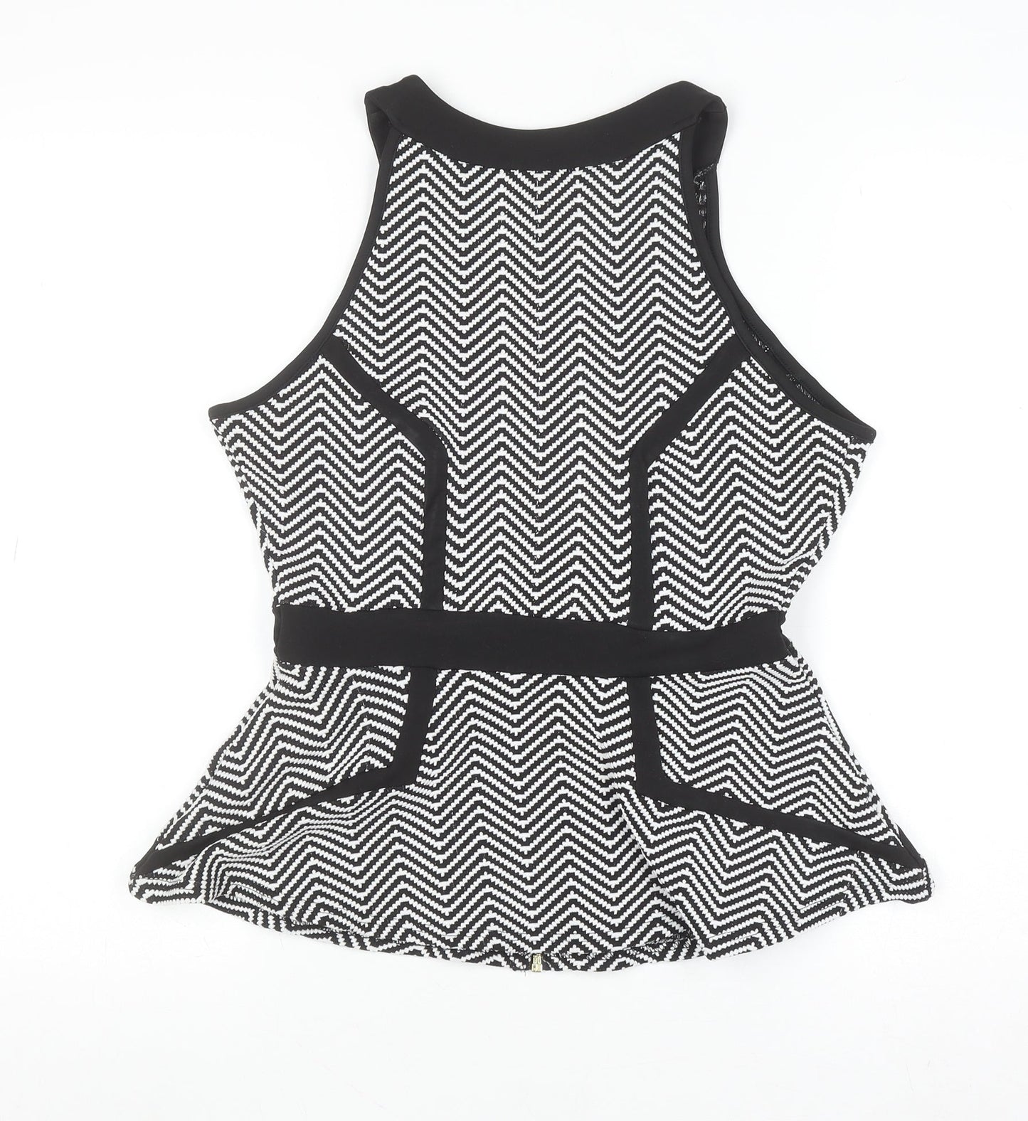 River Island Women’s Black & White Geometric Zip Front Sleeveless High Neck Cropped Top Size 10