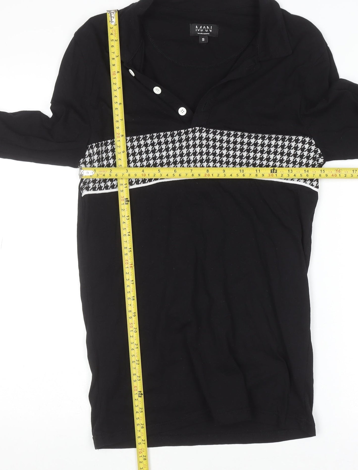 boohooMAN Men's Black Geometric Long Sleeve Cotton Button-Up Shirt S
