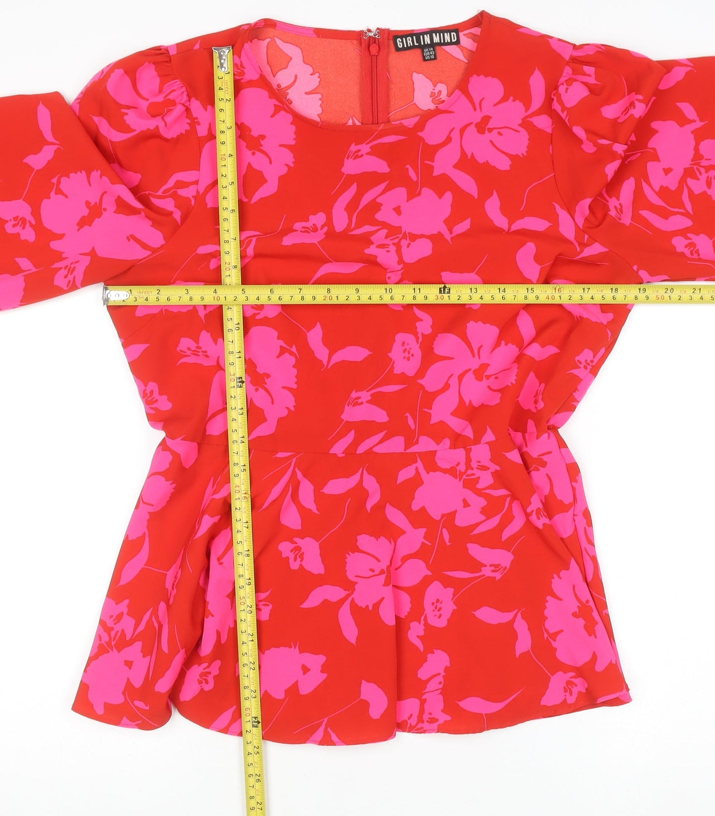 Girl In Mind Womens Red Floral Long Sleeve Tunic Blouse Size 14