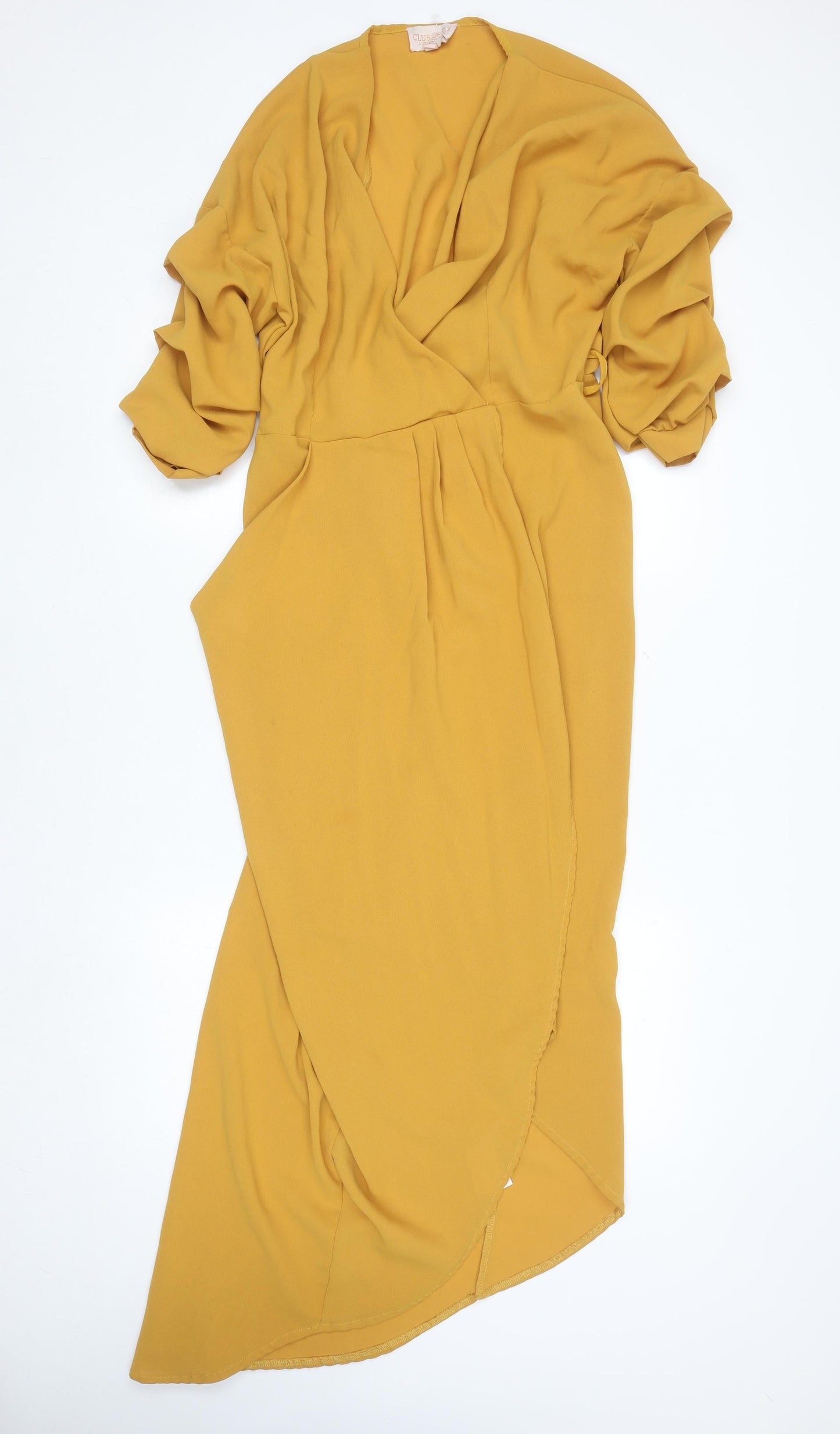 Club L London Women’s Yellow Midi Wrap Dress Size 12 Puff Sleeve V-Neck
