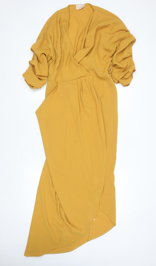 Club L London Women’s Yellow Midi Wrap Dress Size 12 Puff Sleeve V-Neck