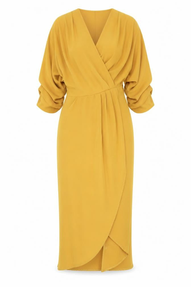 Club L London Women’s Yellow Midi Wrap Dress Size 12 Puff Sleeve V-Neck
