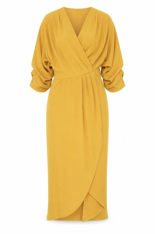 Club L London Women’s Yellow Midi Wrap Dress Size 12 Puff Sleeve V-Neck