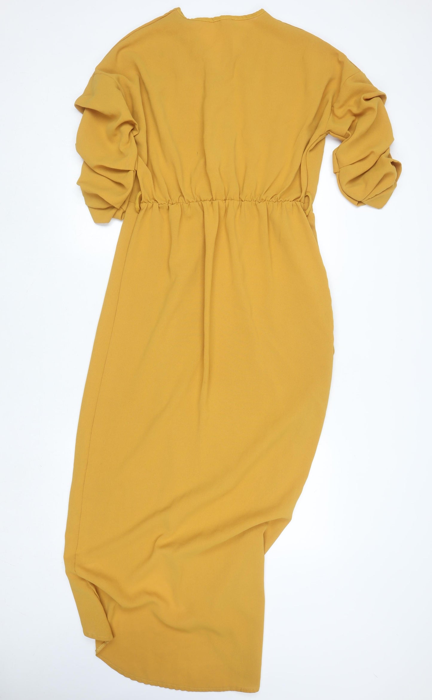 Club L London Women’s Yellow Midi Wrap Dress Size 12 Puff Sleeve V-Neck