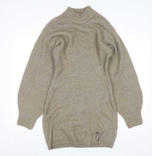 H&M Women Beige Knit Sweater Dress M Long Sleeve High Neck