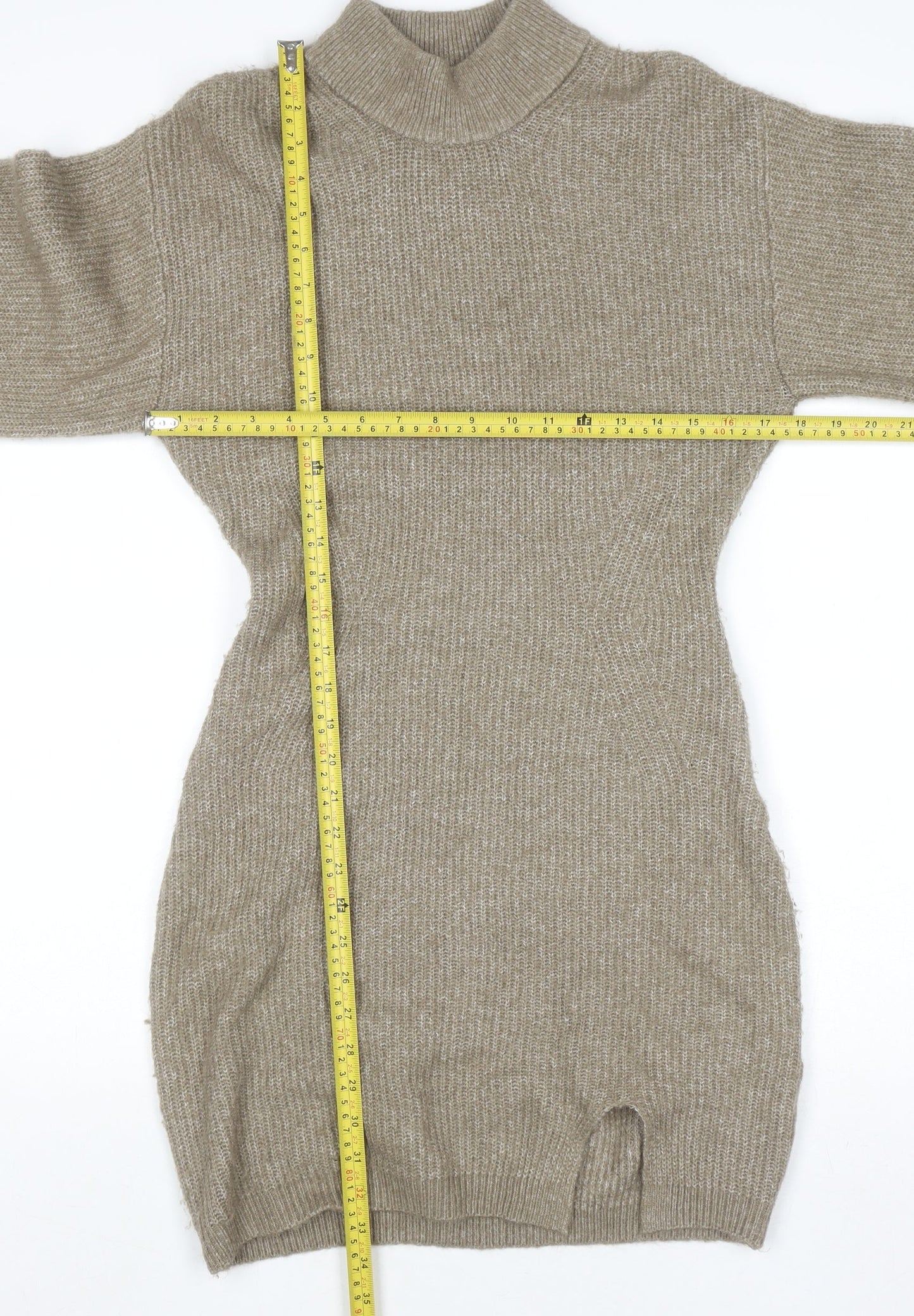 H&M Women Beige Knit Sweater Dress M Long Sleeve High Neck