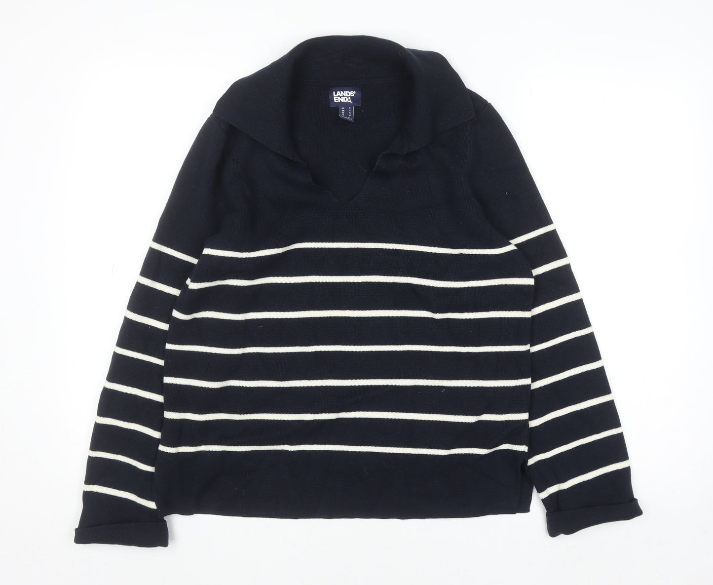 Lands' End Women's Blue Striped Cotton Collared Jumper Size S
