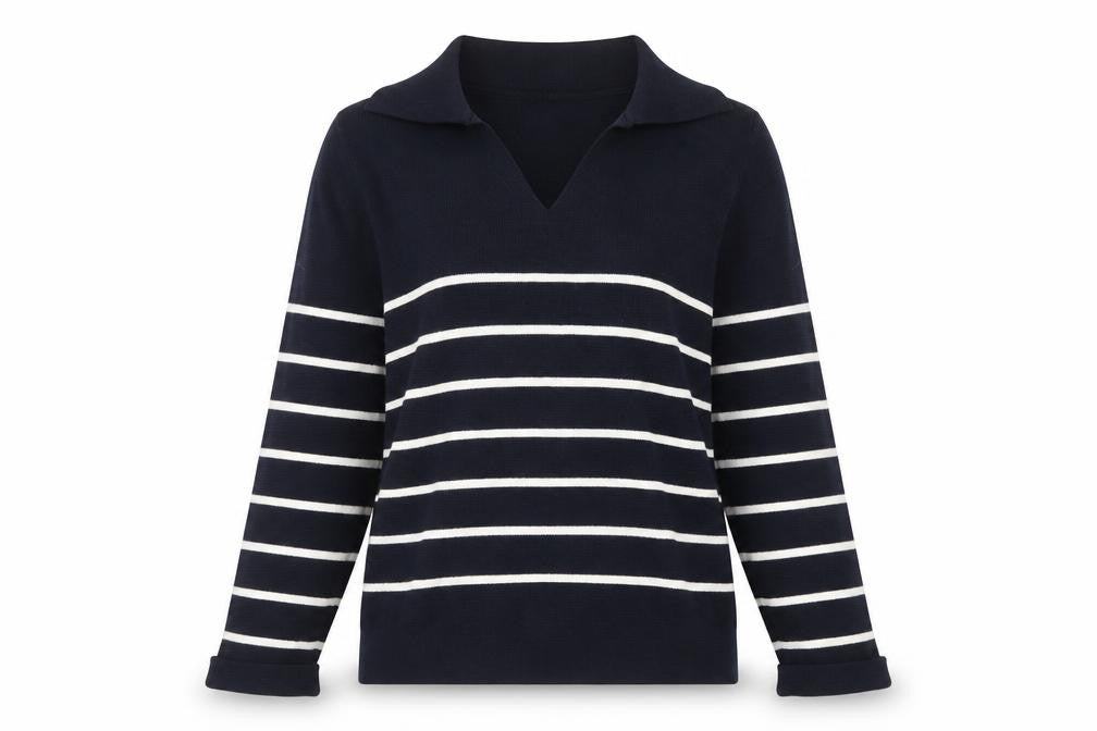 Lands' End Women's Blue Striped Cotton Collared Jumper Size S