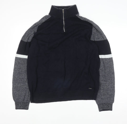 Next Men’s Blue 2XL Half Zip Cotton Jumper High Neck Knitwear