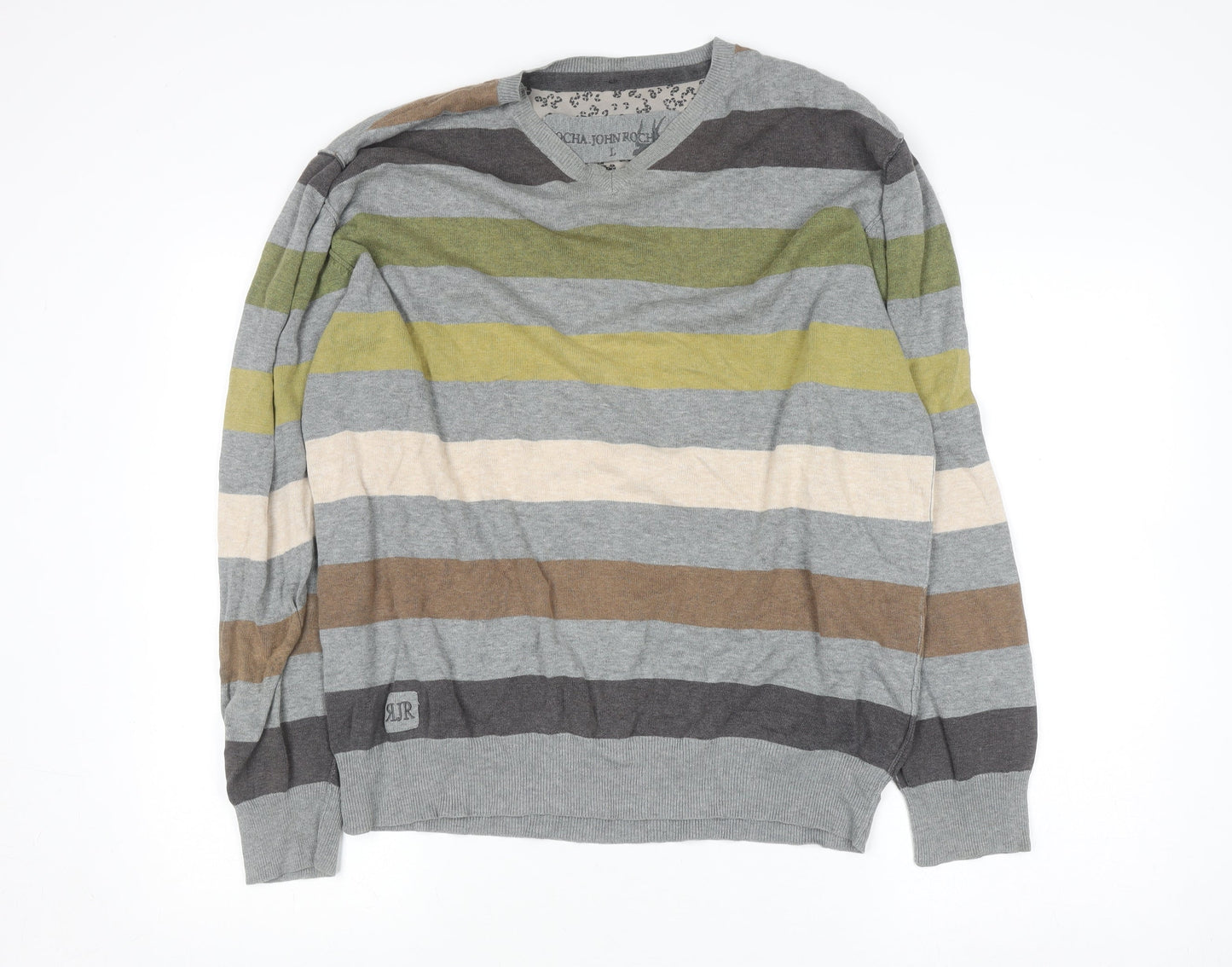 Rocha John Rocha Men’s Multicoloured Striped Cotton V-Neck Jumper Size L
