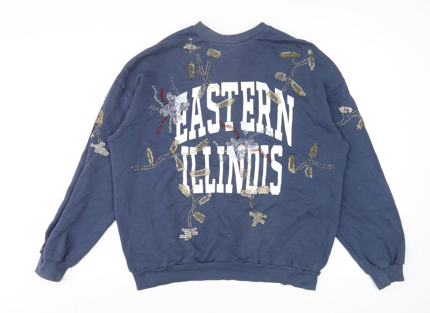 Topshop Women Navy Embellished Eastern Illinois Cotton Sweatshirt UK 10