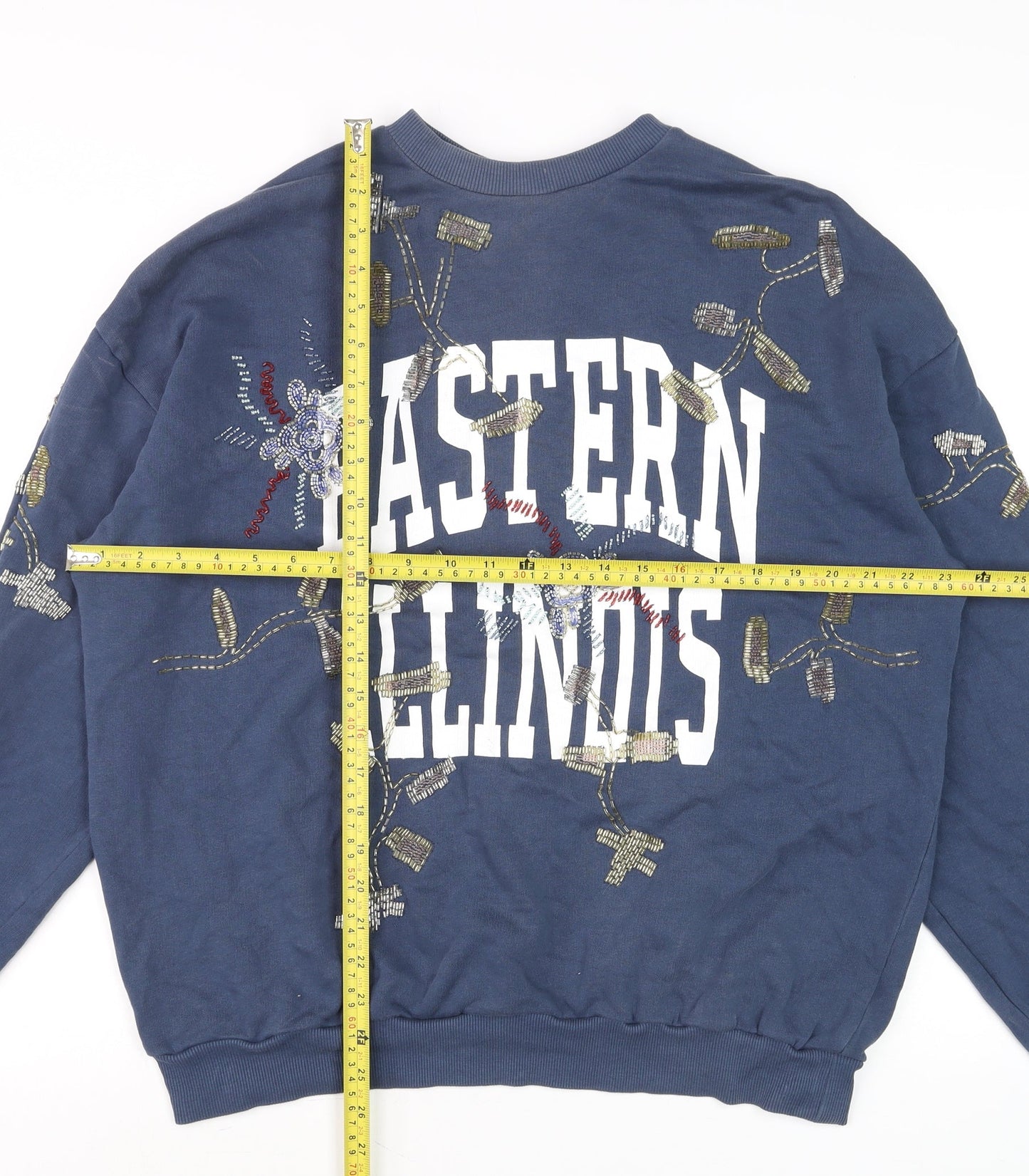 Topshop Women Navy Embellished Eastern Illinois Cotton Sweatshirt UK 10