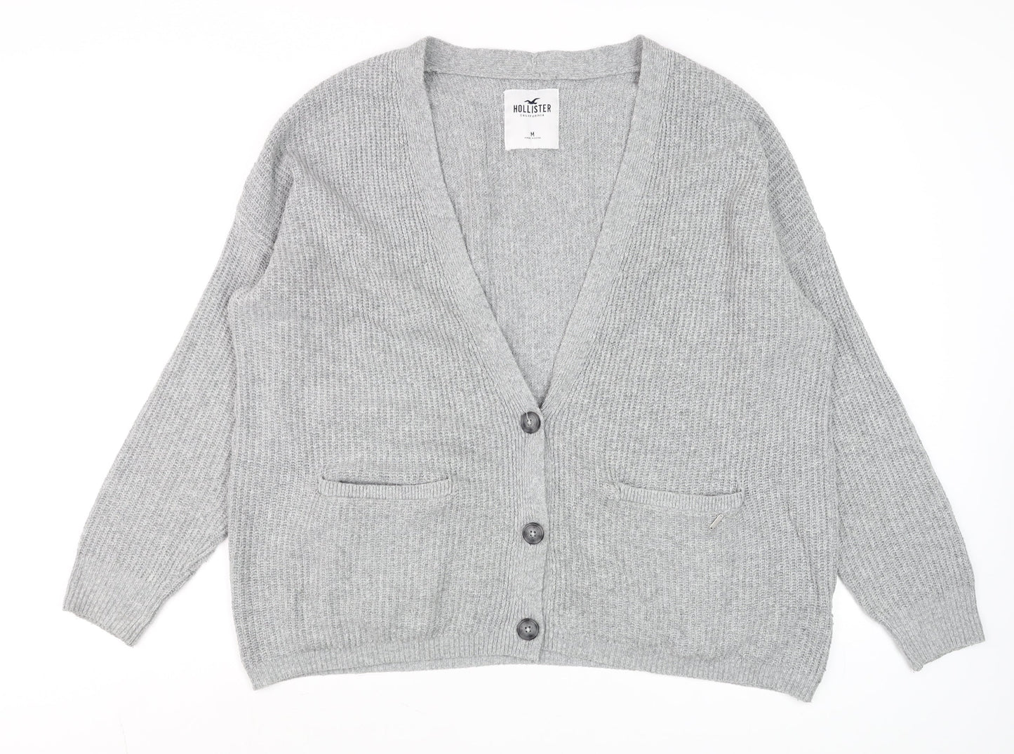 Hollister Men's Grey Chunky-Knit Cardigan M Long Sleeve Cotton Blend