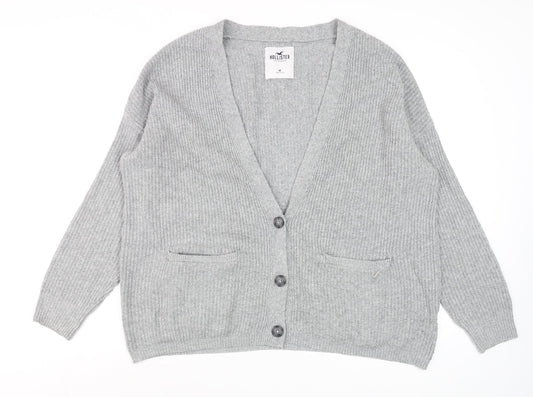Hollister Men's Grey Chunky-Knit Cardigan M Long Sleeve Cotton Blend