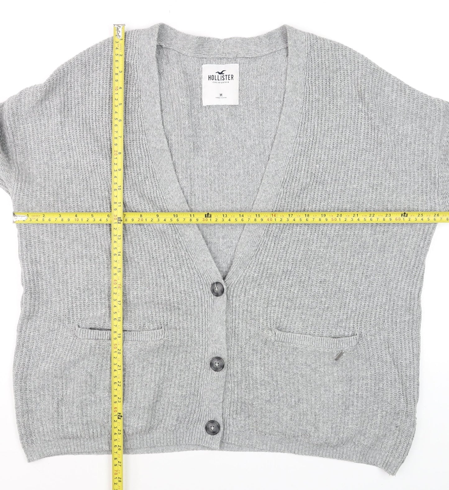 Hollister Men's Grey Chunky-Knit Cardigan M Long Sleeve Cotton Blend