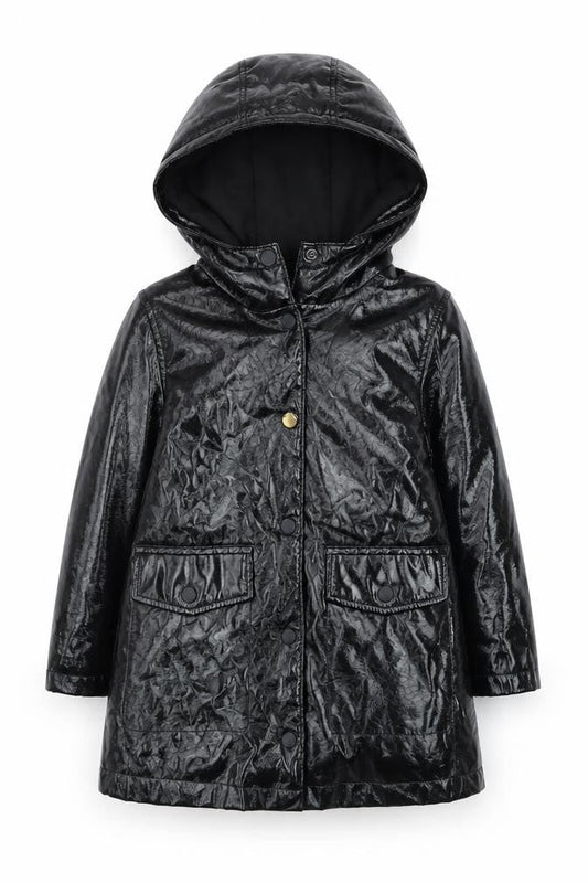 Front view of Zara girls’ black hooded rain coat 6 years water resistant mid-length jacket