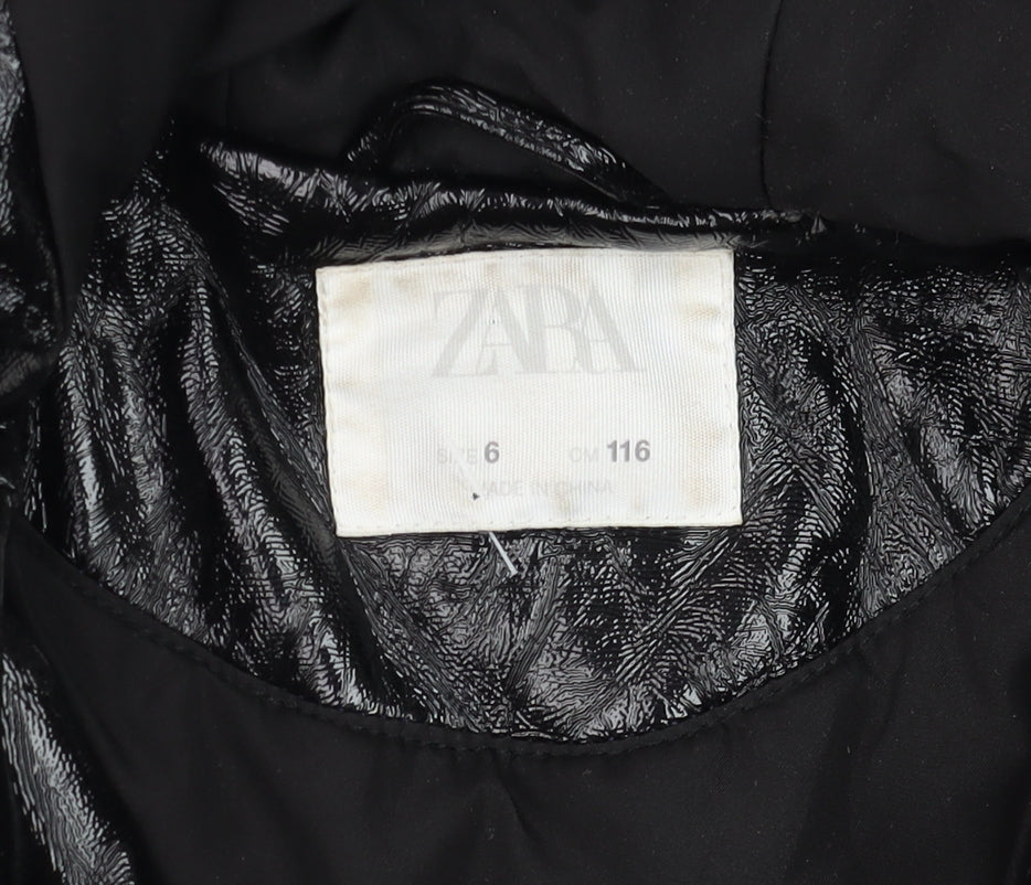 Zara Girls Black Hooded Rain Coat 6 Years Water Resistant Mid-Length Jacket