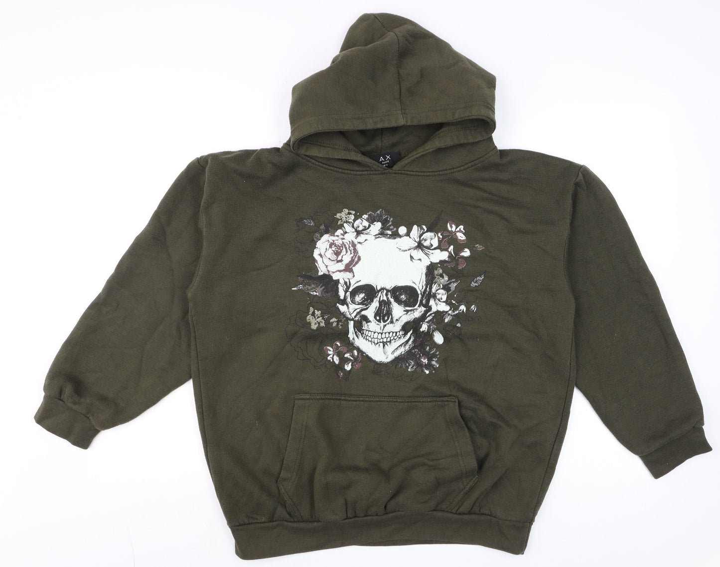AX Paris Unisex Green Skull Floral Pullover Hoodie M Regular Fit