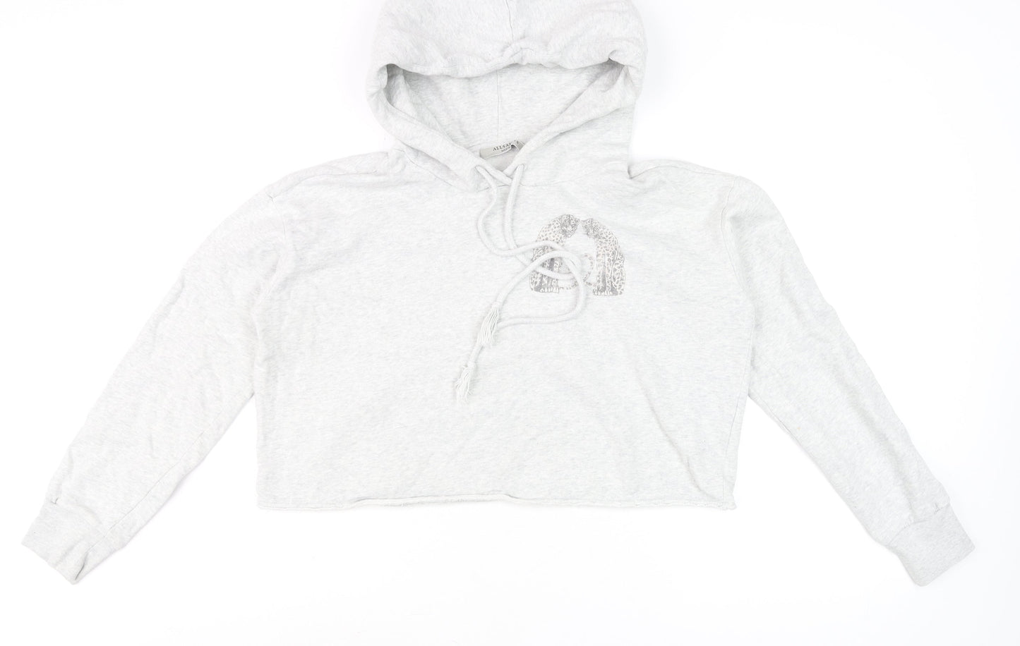 AllSaints Women’s Grey Cropped Hoodie Medium Cotton Drawstring Long Sleeve
