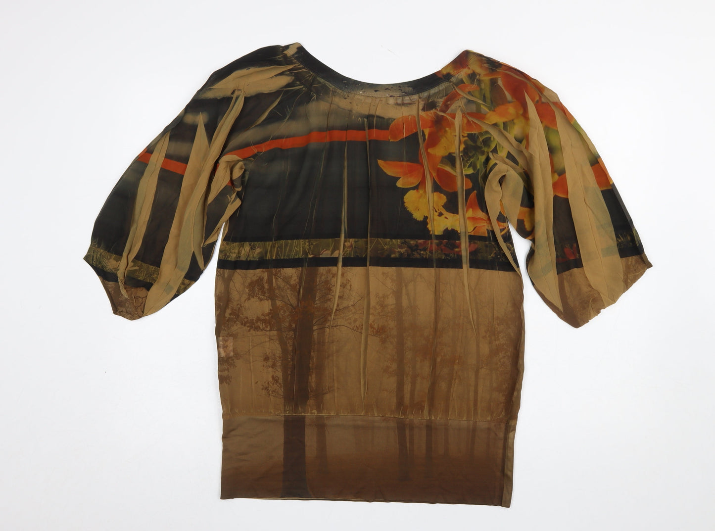 Vango Paris Women's Brown Floral Sheer Tunic Blouse L