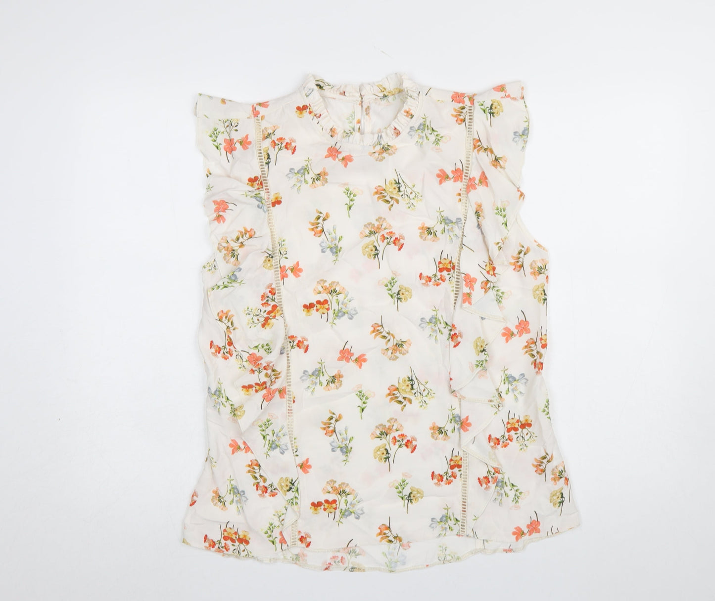 F&F Women Ivory Floral Sleeveless Ruffle Blouse Size 14