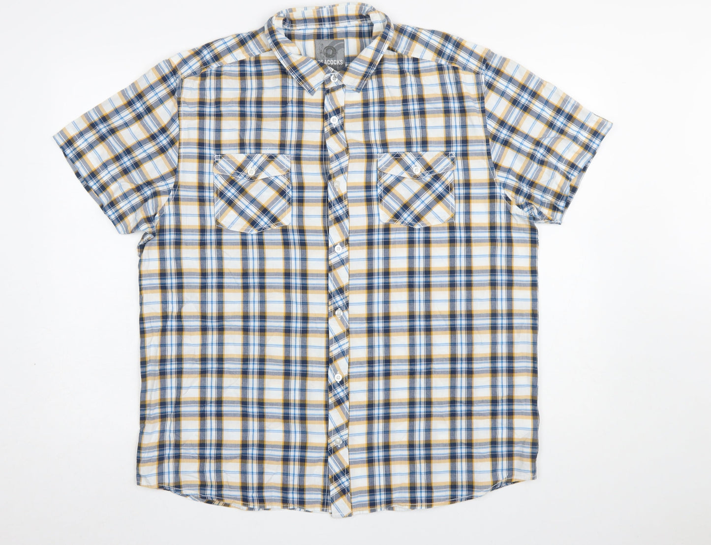 Peacocks Mens Blue Yellow Check Short Sleeve Button-Up Shirt XL