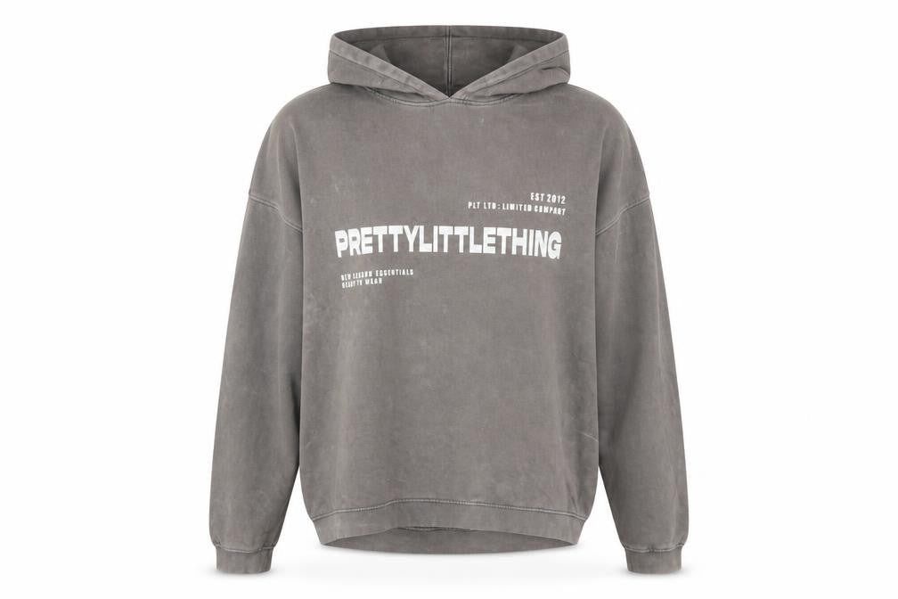 PRETTYLITTLETHING Women’s Grey Pullover Hoodie L Logo Print Casual