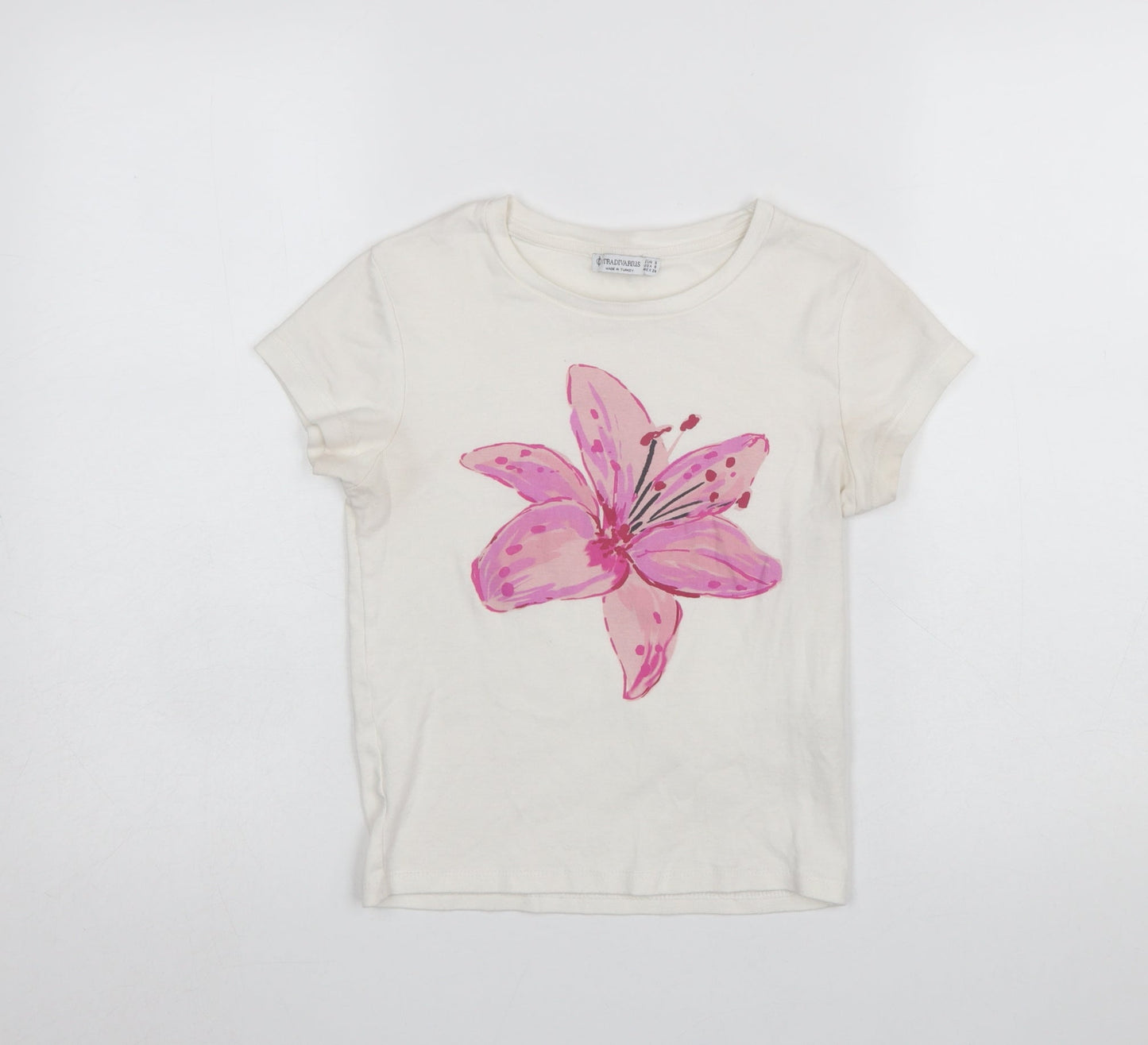 Stradivarius Women Ivory Floral Cotton Short Sleeve T-Shirt Size 8