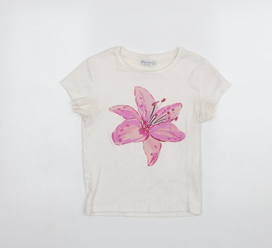 Stradivarius Women Ivory Floral Cotton Short Sleeve T-Shirt Size 8